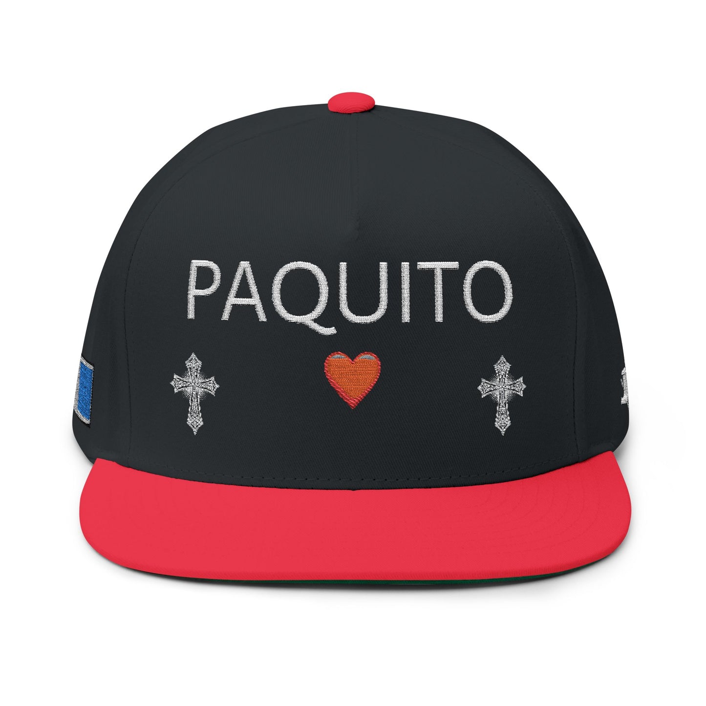 Embroidered Flat Bill Cap — "PAQUITO" with Heart & Crosses (502 Back)