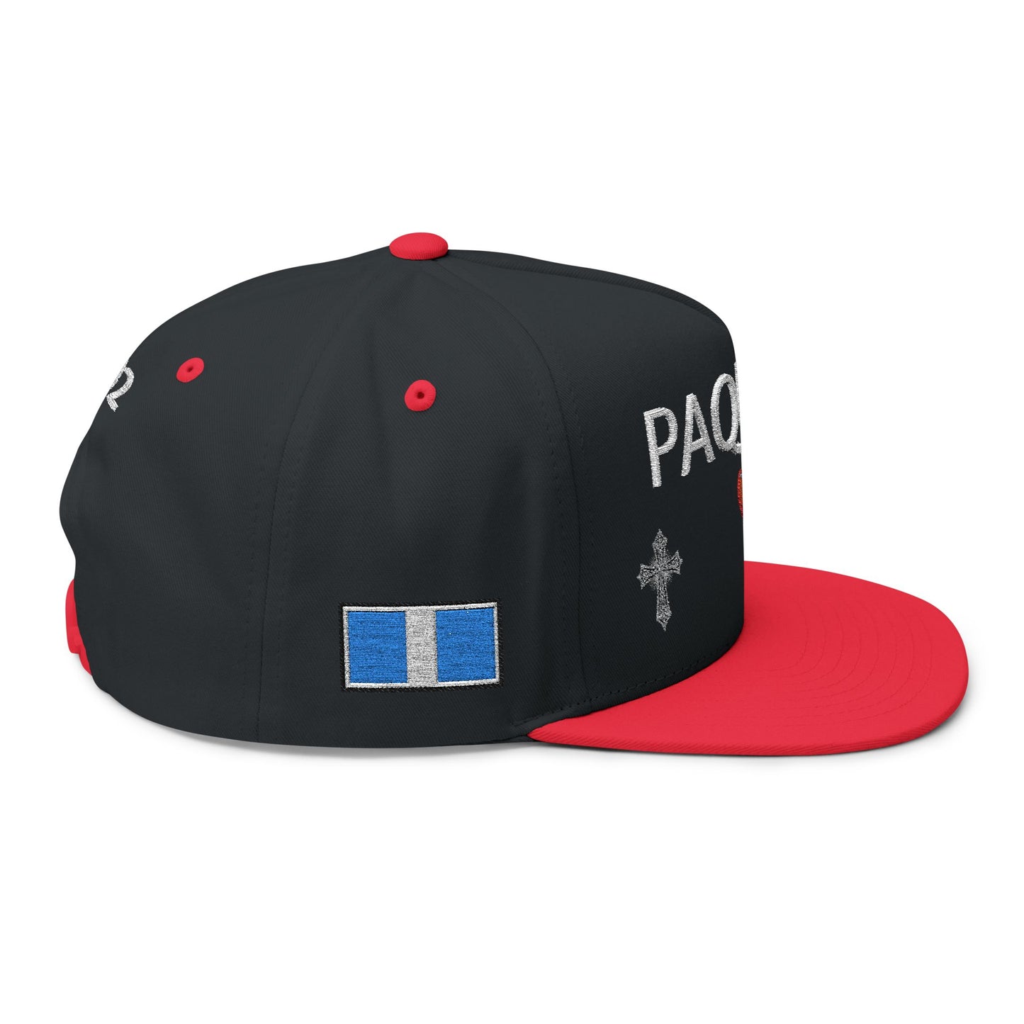 Embroidered Flat Bill Cap — "PAQUITO" with Heart & Crosses (502 Back)