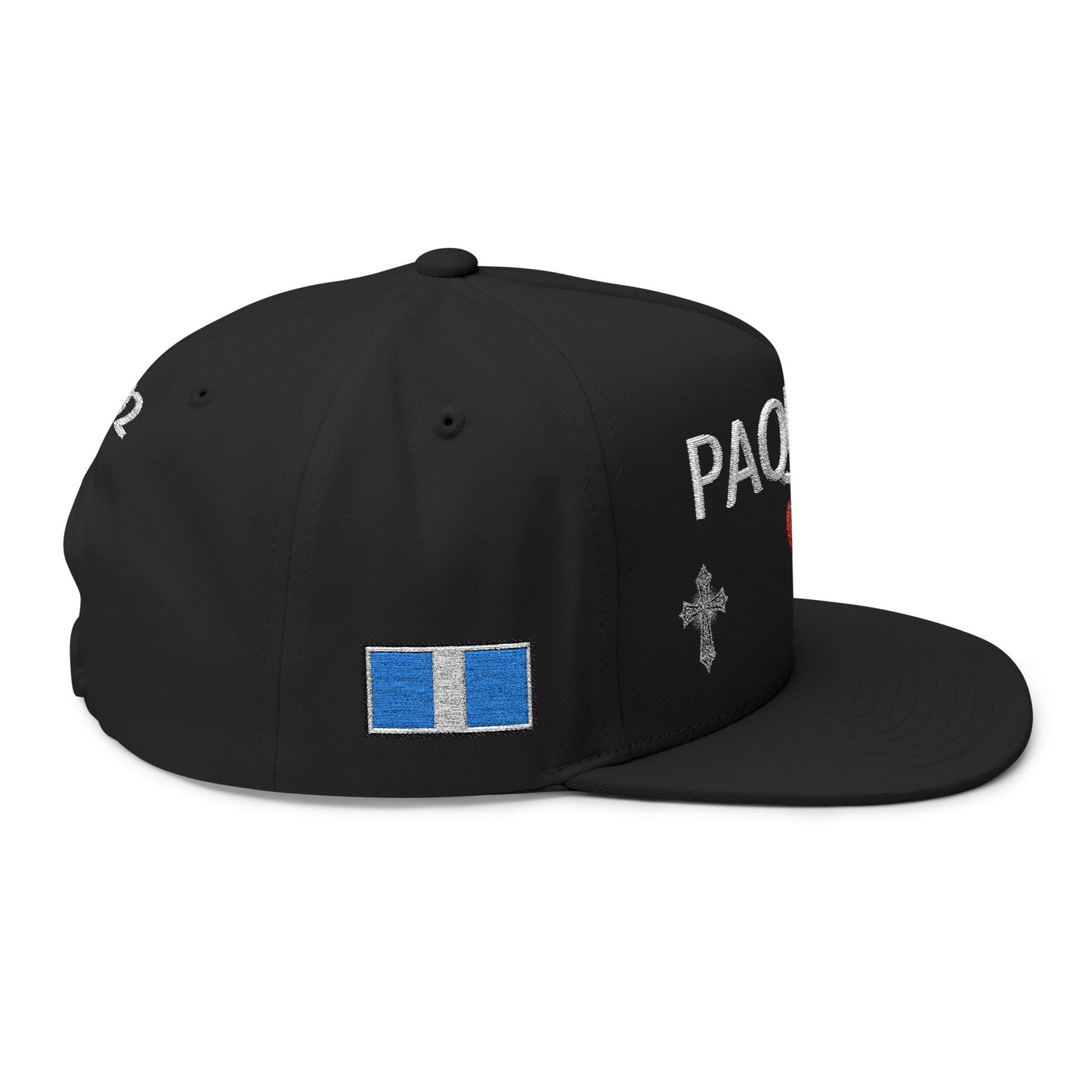 Embroidered Flat Bill Cap — "PAQUITO" with Heart & Crosses (502 Back)