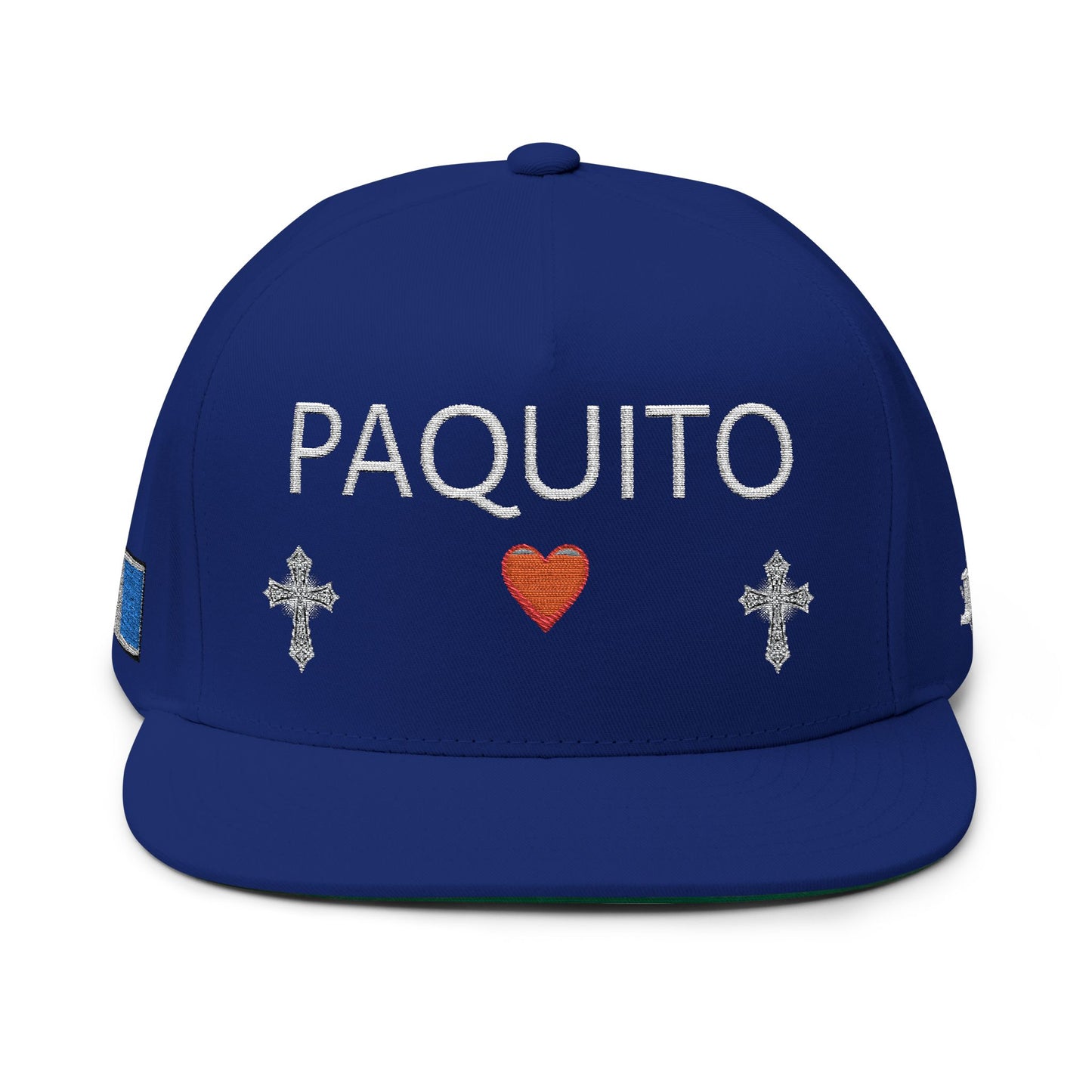 Embroidered Flat Bill Cap — "PAQUITO" with Heart & Crosses (502 Back)