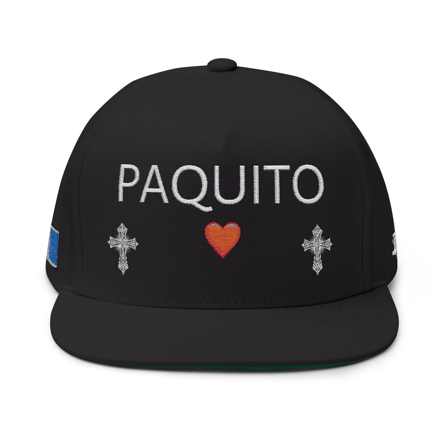 Embroidered Flat Bill Cap — "PAQUITO" with Heart & Crosses (502 Back)