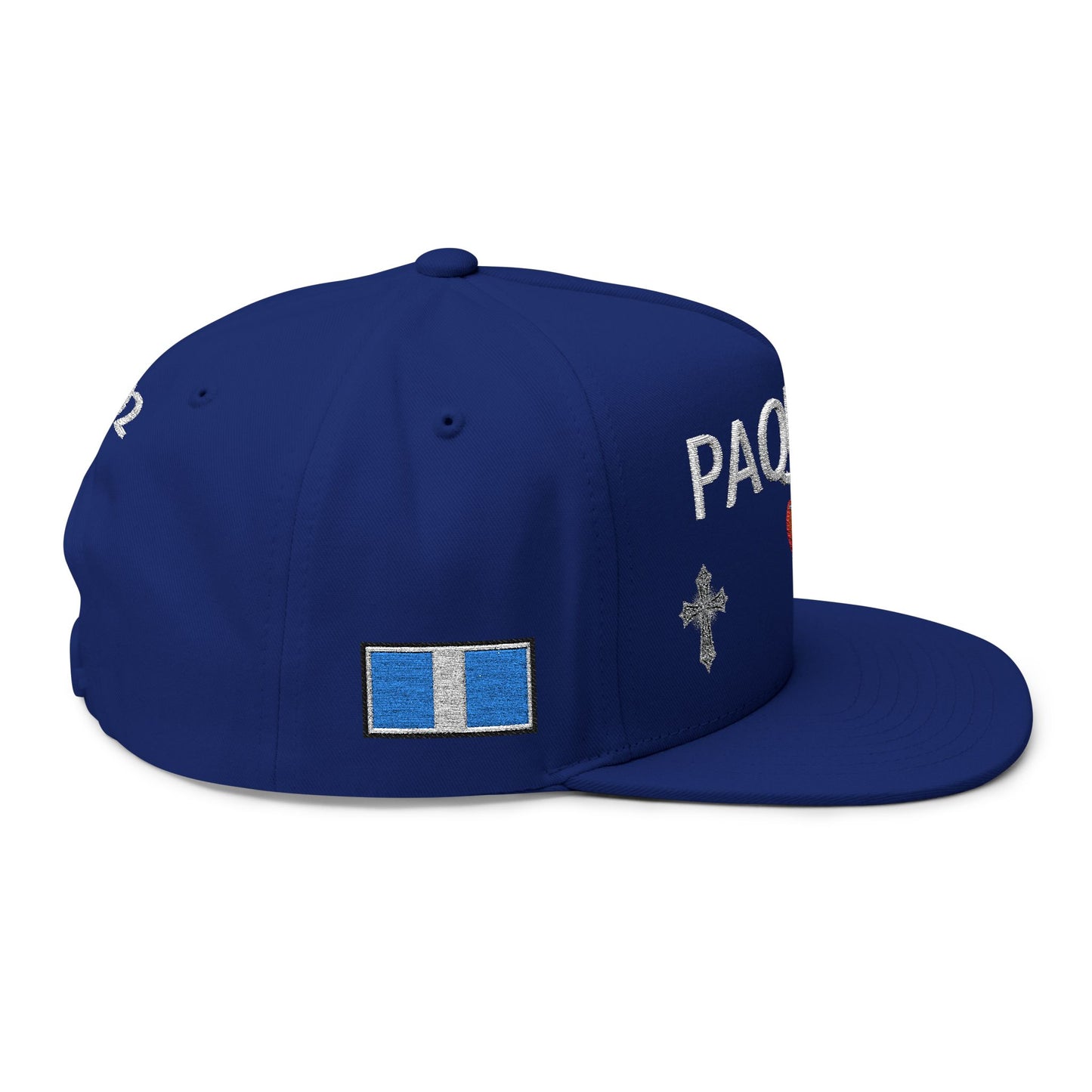 Embroidered Flat Bill Cap — "PAQUITO" with Heart & Crosses (502 Back)