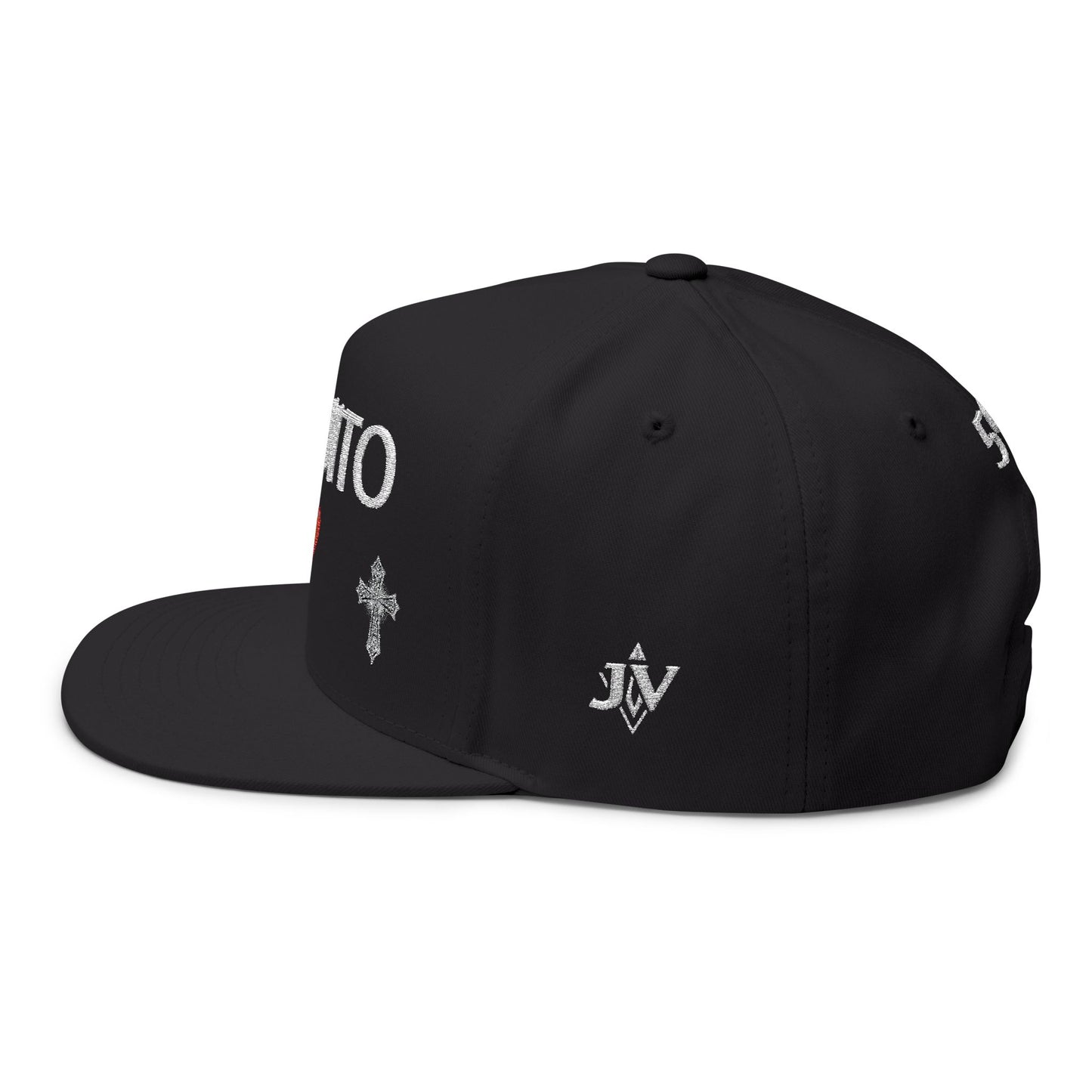 Embroidered Flat Bill Cap — "PAQUITO" with Heart & Crosses (502 Back)